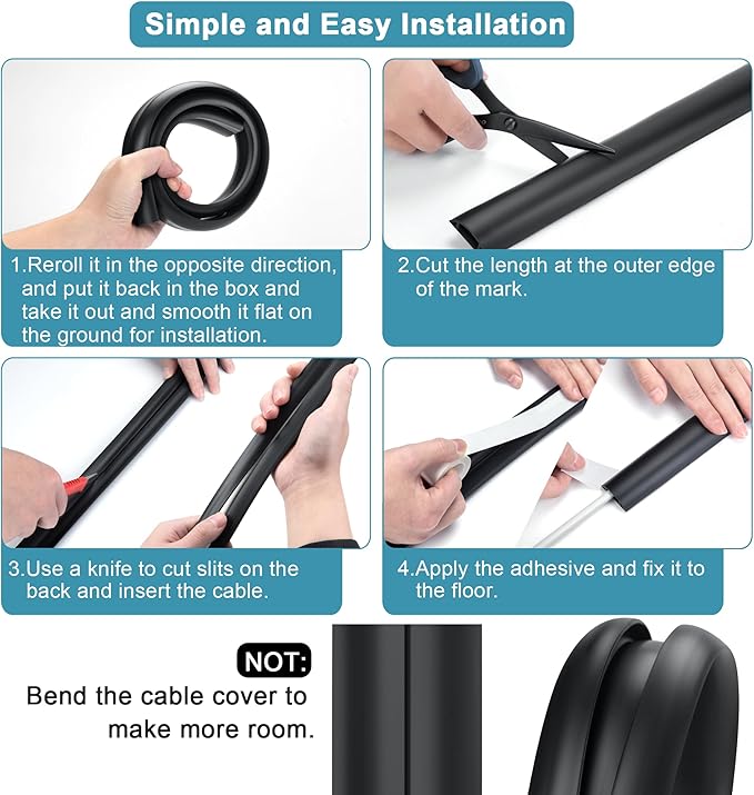 Cord Hider Floor - 3FT White Cord Cover, Soft PVC Wire Covers - Hides Cords - 0.7" W x 0.4" H