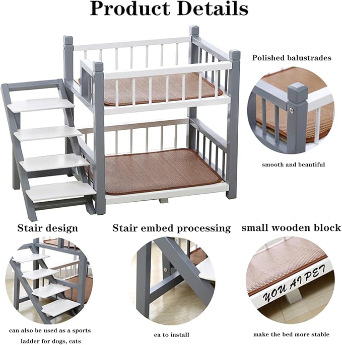 Dog Bunk Bed Small for Small Medium Large Dogs Pet, Removable Double Layer Pet Bed with Stairs,Gray,22x18x24