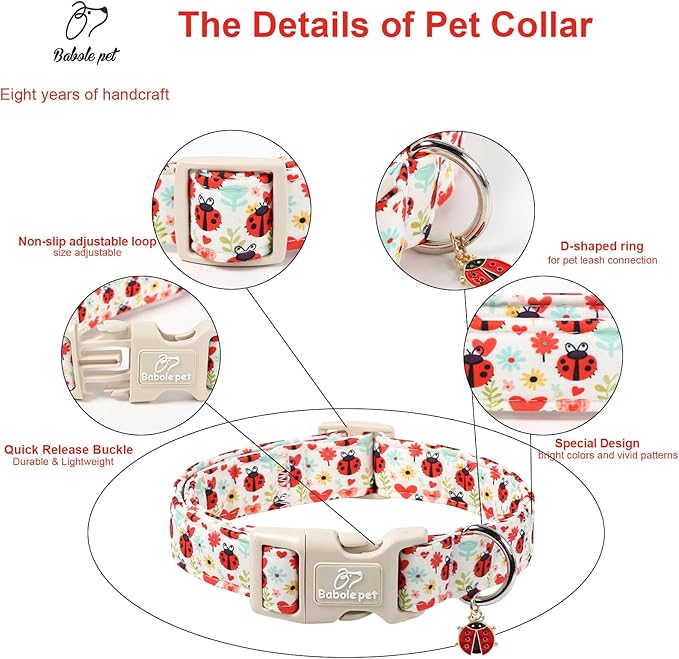 Ladybug Dog Collar for Large Dogs - Cute Spring/Summer Dog Collar, Lightweight Adjustable Cartoon Love Bug Garden Mom Dogs Collars with Quick Release Buckle XL