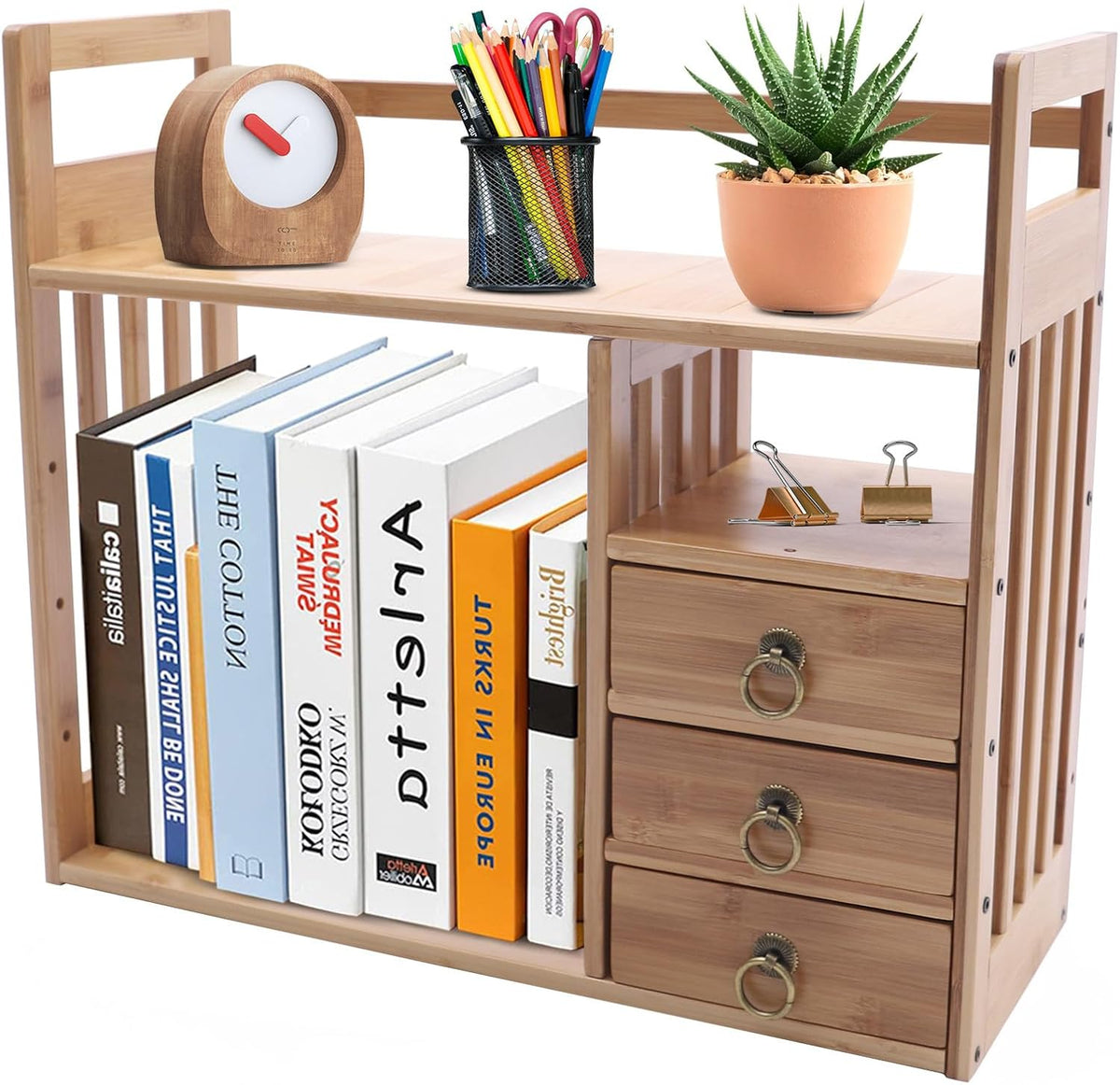 Gdrasuya10 Bamboo Desktop Bookshelf Wood Counter-top Bookcase Office Desk Organizer Book Holder with 3 Drawers Double Layer Makeup Storage Display Shelf Rack for Office Supplies (Natural Color)