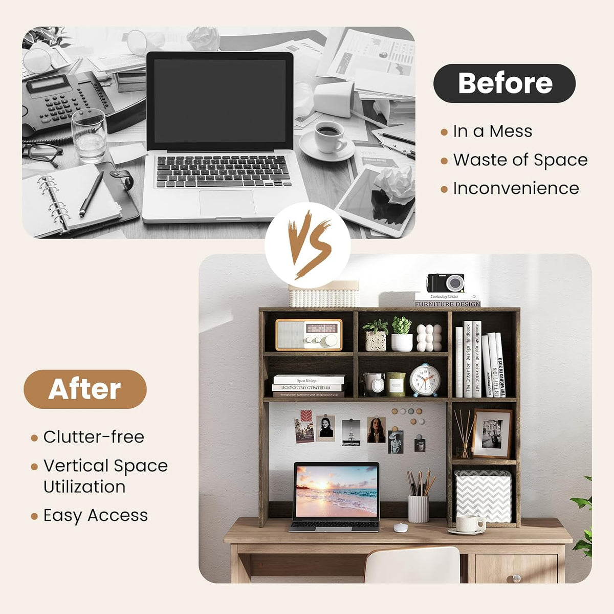 GOFLAME 7 Cubes Desktop Bookshelf, 37” Desk Organizer Shelf with 3 Adjustable Shelves, 3-Tier Wood Countertop Display Rack, Multipurpose Tabletop Desk Hutch for Dorm, Home Office, Gray