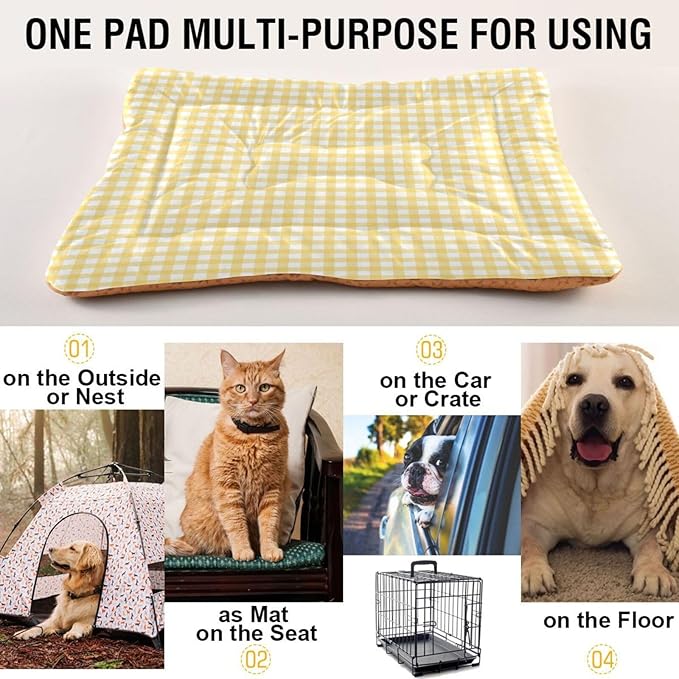 Yellow Gingham Dog Bed Mat Cat Crate Pad with Non-Slip Bottom, Washable Soft Pet Kennel Beds for Small Medium Large Dogs, 36"x24"