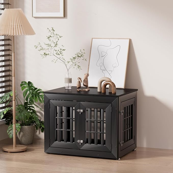 32" Heavy Duty Dog Crate Furniture for Small,Medium and Large Dogs,Rustic Wooden Dog Cage Kennel Indoor Furniture with Waterproof Top,Decorative Pet House Side End Table (Black)
