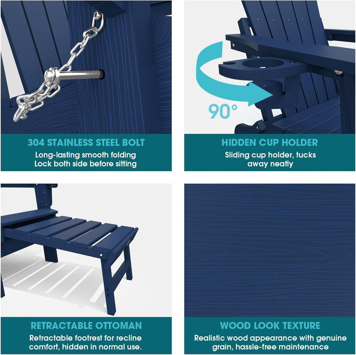 THOEOE Adirondack Chairs with Footrest, Folding HDPE Chairs Set of 2