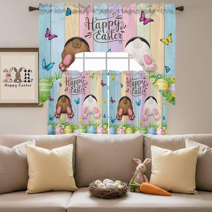 Swag Valance Curtains, Happy Easter Rabbit Butt Egg on Daisy Leaf Rod Pocket