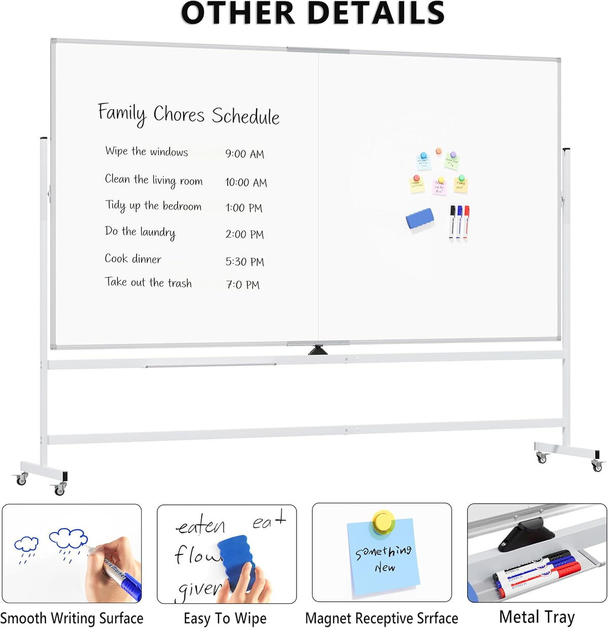 Large Rolling Whiteboard on Wheels, 96" x 48" Double-Sided Mobile White Board with Stand, 6' x 3' Portable Standing Magnetic Dry Erase Board Easel for Home Office Classroom School, Silver