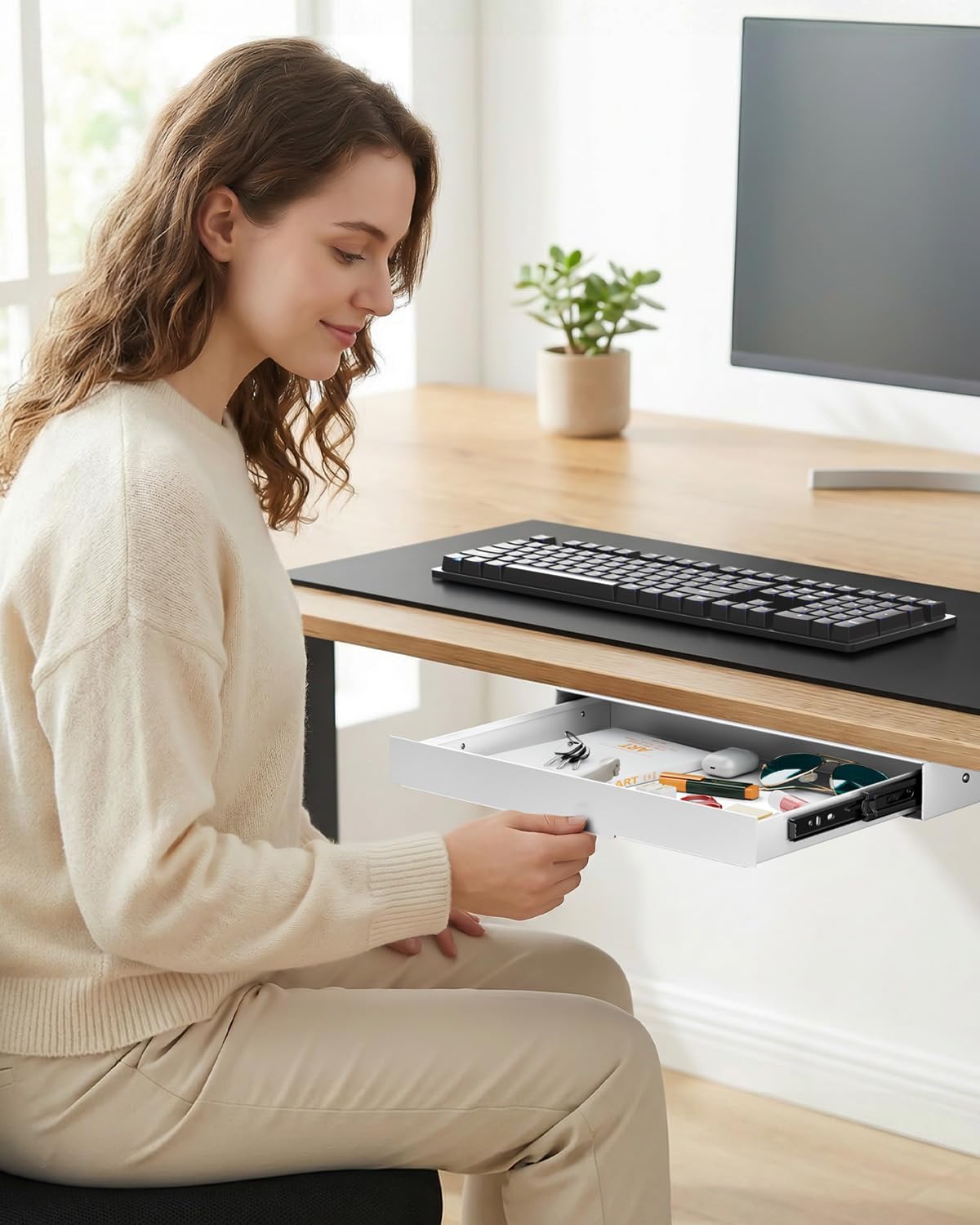 PUTORSEN Under Desk Storage Drawer 14.8" Wide - Smooth Slide Out Organizer for Standing Desk & Home Office, Max Load 17.6 lbs, Quiet Glide, White