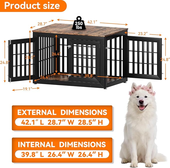 42" Heavy Duty Dog Crate Furniture for Small,Medium and Large Dogs,Rustic Wooden Dog Cage Kennel Indoor Furniture with Waterproof Top,Decorative Pet House Side End Table (Black & Wood)
