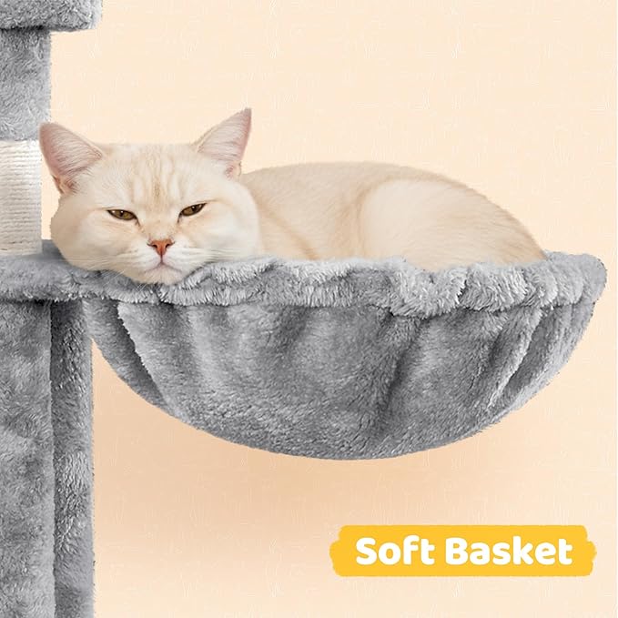 Yaheetech Cat Tree, 67in Large Tower w/ 3 Removable Teaser Sticks, 2 Kitten-Ear Shaped Perches, 2 Condos, Hammock, Scratching Post, Multi Level Pet House, Light Gray
