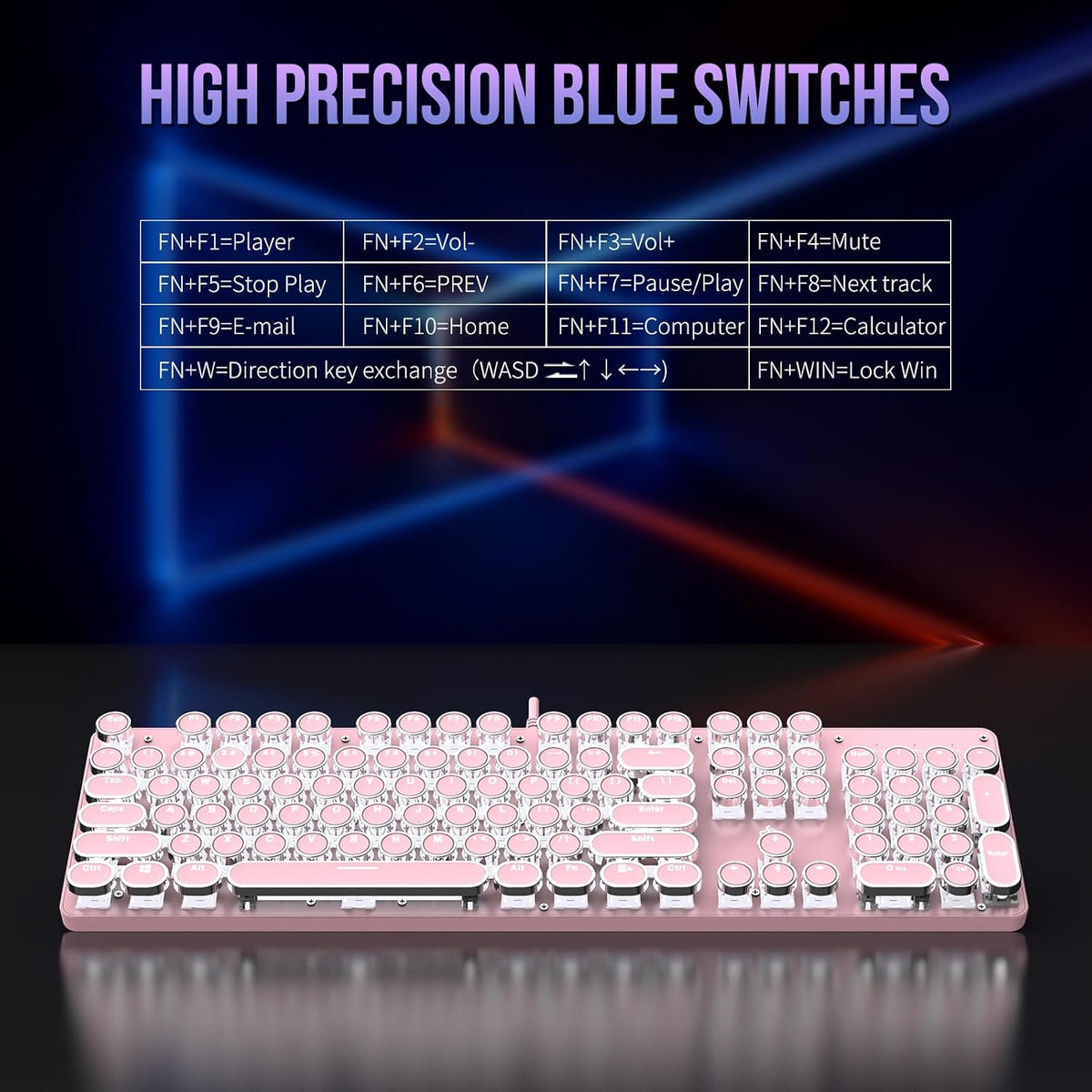 Typewriter Mechanical Gaming Keyboard with RGB Backlit Red Switches, 104 Keys Retro Round Keycap, Wired Typewriter Style Comfortable Typing Soud (Pink)