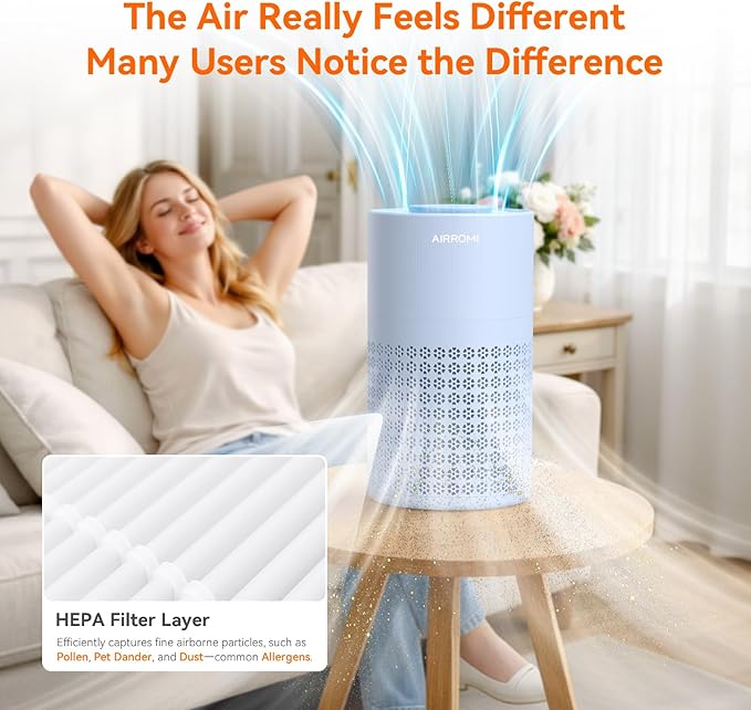 AIRROMI Air Purifier for Bedroom with HEPA 3-in-1 Filter, Pet Air Purifier for Home Cat Pee Smell, Covers Upto 990 Ft², Quiet 360° intake Air Cleaner for pet hair,allergies,Dust,Smoke A2001 Blue