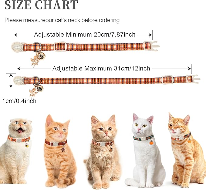 Unique style paws 2 Pack Autumn Halloween Kitten Collar Breakaway with Bell&Pendant, Adjustable Safety Coloeful Orange Brown Grid Cat Cotton Collar for Girl Boy Cat and Small Pet