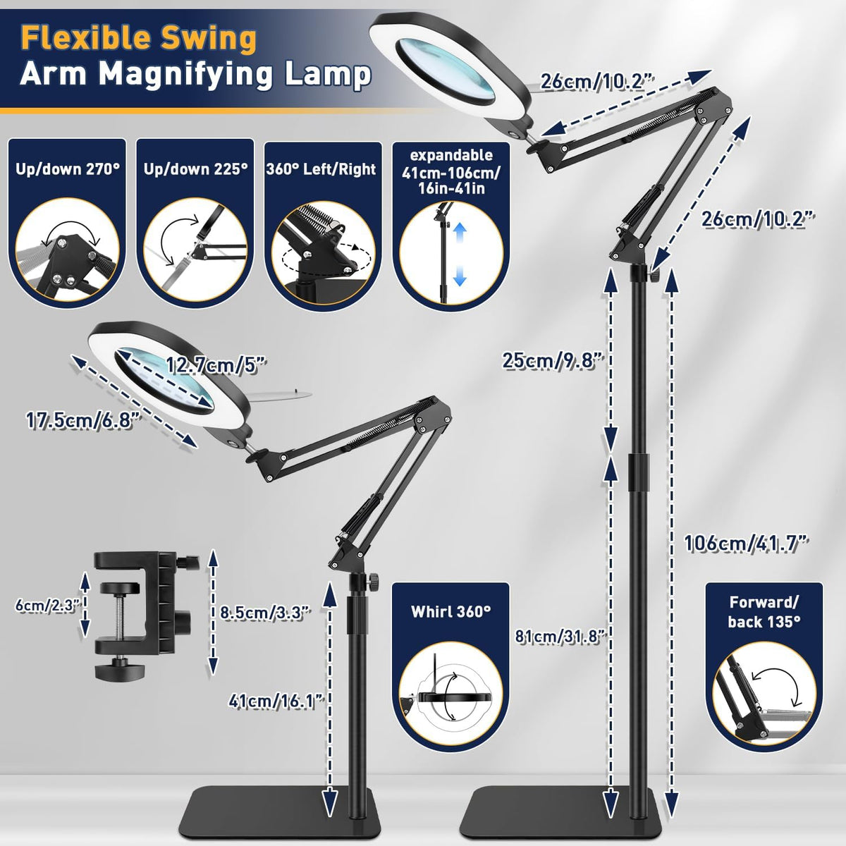 15X Real Glass Standing Magnifying Glass with Light and Stand, 3-in-1 Adjustable Magnifying Floor Lamp & Desk Lamp with Clamp, LED Dimmable Swing Arm Magnifier, Hands Free for Reading Crafts Repair
