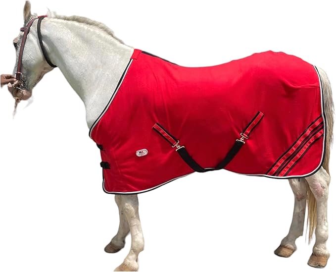 Majestic Ally Anti Pill Fleece Horse Blanket/Sheet with Silver Braided Rope (Red, 70)