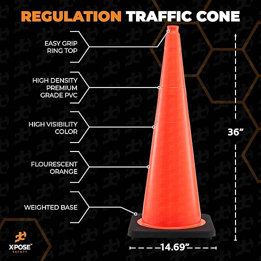 Xpose Safety 36 Inch Orange Traffic Cones, 48-Pack - Multipurpose PVC Plastic Safety Cone for Parking, Soccer, Caution, Kids and Construction - DOT Approved