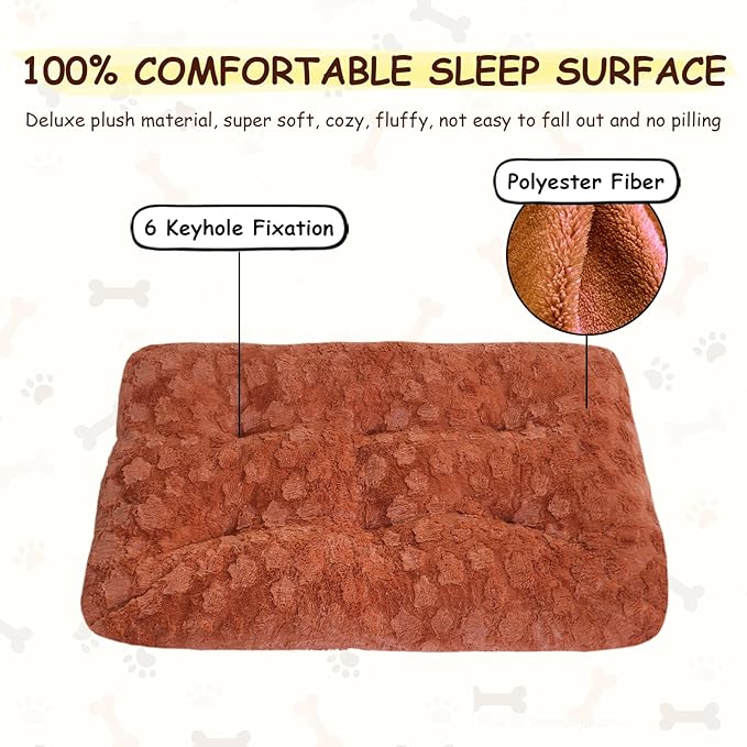 Washable Dog Bed for Small to Large Dogs, Calming Anti Anxiety Medium Dog Bed, Deluxe Plush Faux Fur Crate Beds, Comfy Fluffy Kennel Pad Pet Sleeping Mat with Non-Slip Bottom, 41"x27", Brown