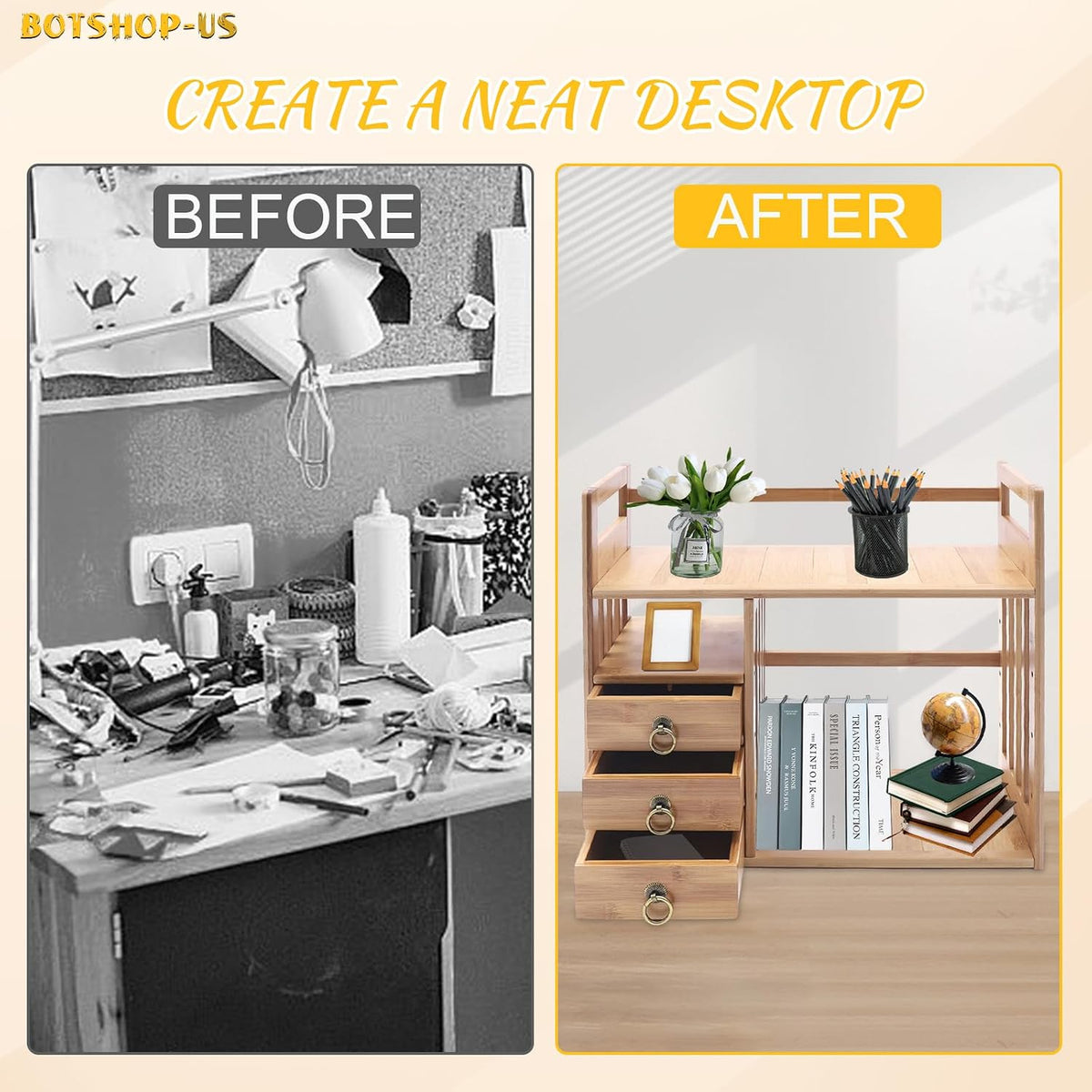 Gdrasuya10 Bamboo Desktop Bookshelf Wood Counter-top Bookcase Office Desk Organizer Book Holder with 3 Drawers Double Layer Makeup Storage Display Shelf Rack for Office Supplies (Natural Color)