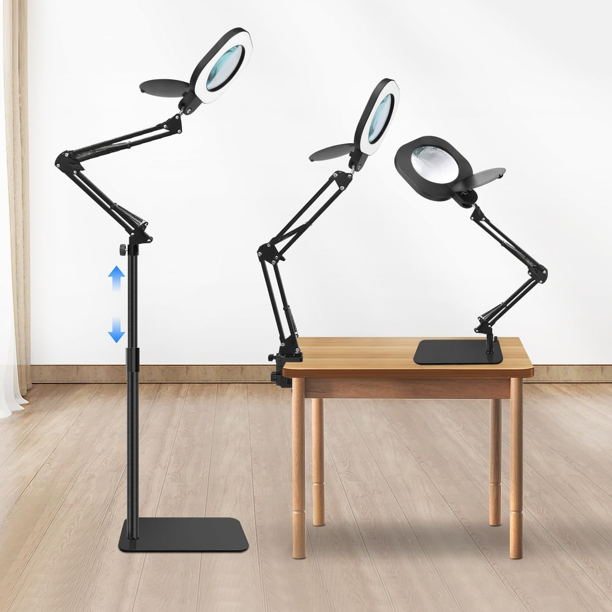 15X Real Glass Standing Magnifying Glass with Light and Stand, 3-in-1 Adjustable Magnifying Floor Lamp & Desk Lamp with Clamp, LED Dimmable Swing Arm Magnifier, Hands Free for Reading Crafts Repair
