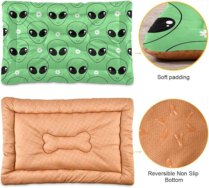 Green Alien Cartoons Daisy Flower Pet Bed Cute Dog Bed Mat Absorbing Non Slip Pad Pet Sleeping Mat for Small, Medium, and Large Dogs Puppy Cat 24 in x 18 in