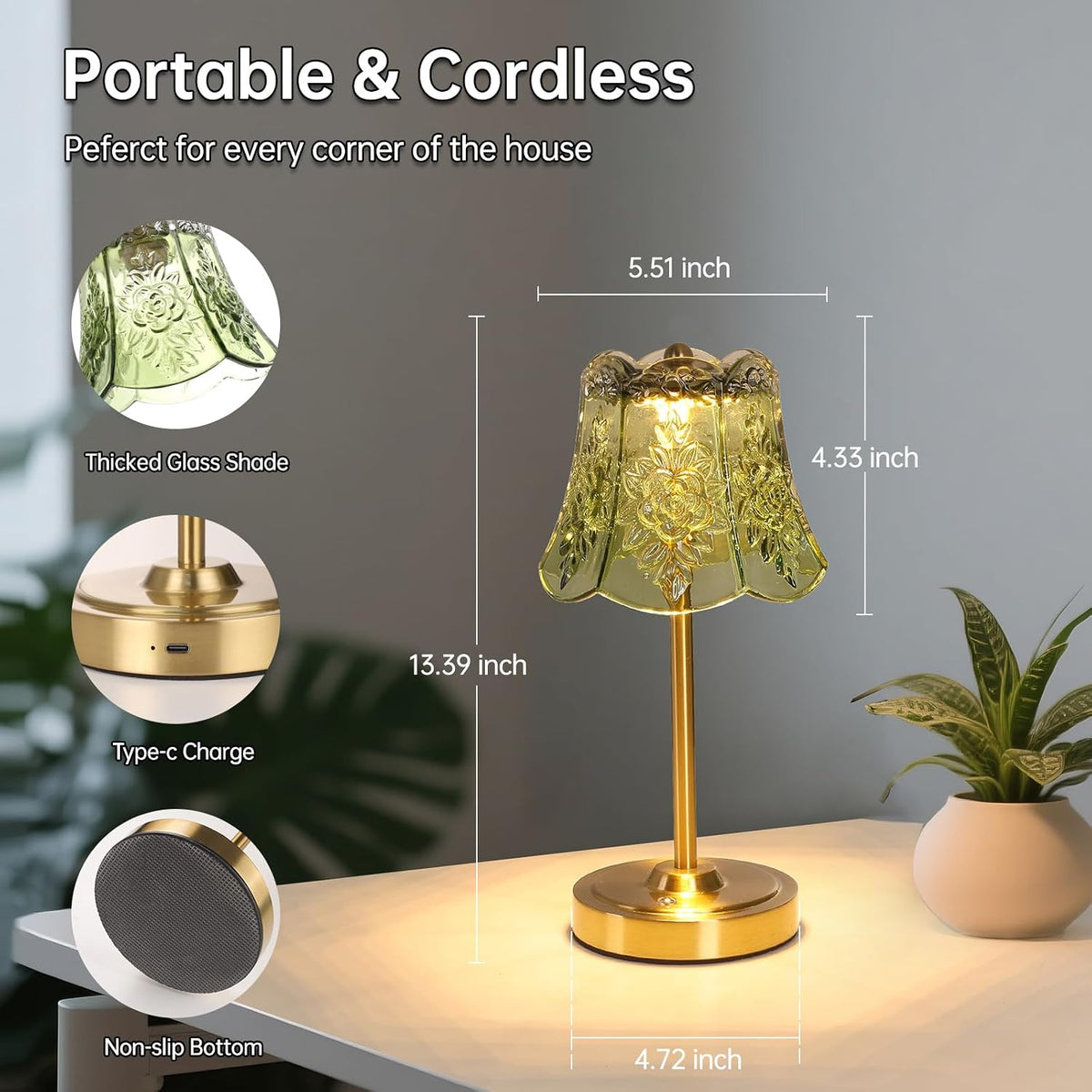 Shenmoyl Cordless Touch Table Lamp with 5200mAh Battery - 3 Adjustable Color Temperatures & Dimmable, Rechargeable Desk Lamp for Bedroom, Living Room, Office, Entryway, Bookshelves (Green Rose)