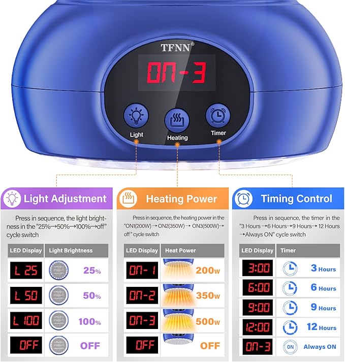 Chicken Coop Heater Lamps,200W-350W-500W Reptile Heating Lamp Upgraded with UVA UVB Ligh 3-6-9-12H Timer,Protable Greenhouse Heater for Outdoor Chicken Coop for Reptile Rabbits Dog Cats (Blue)