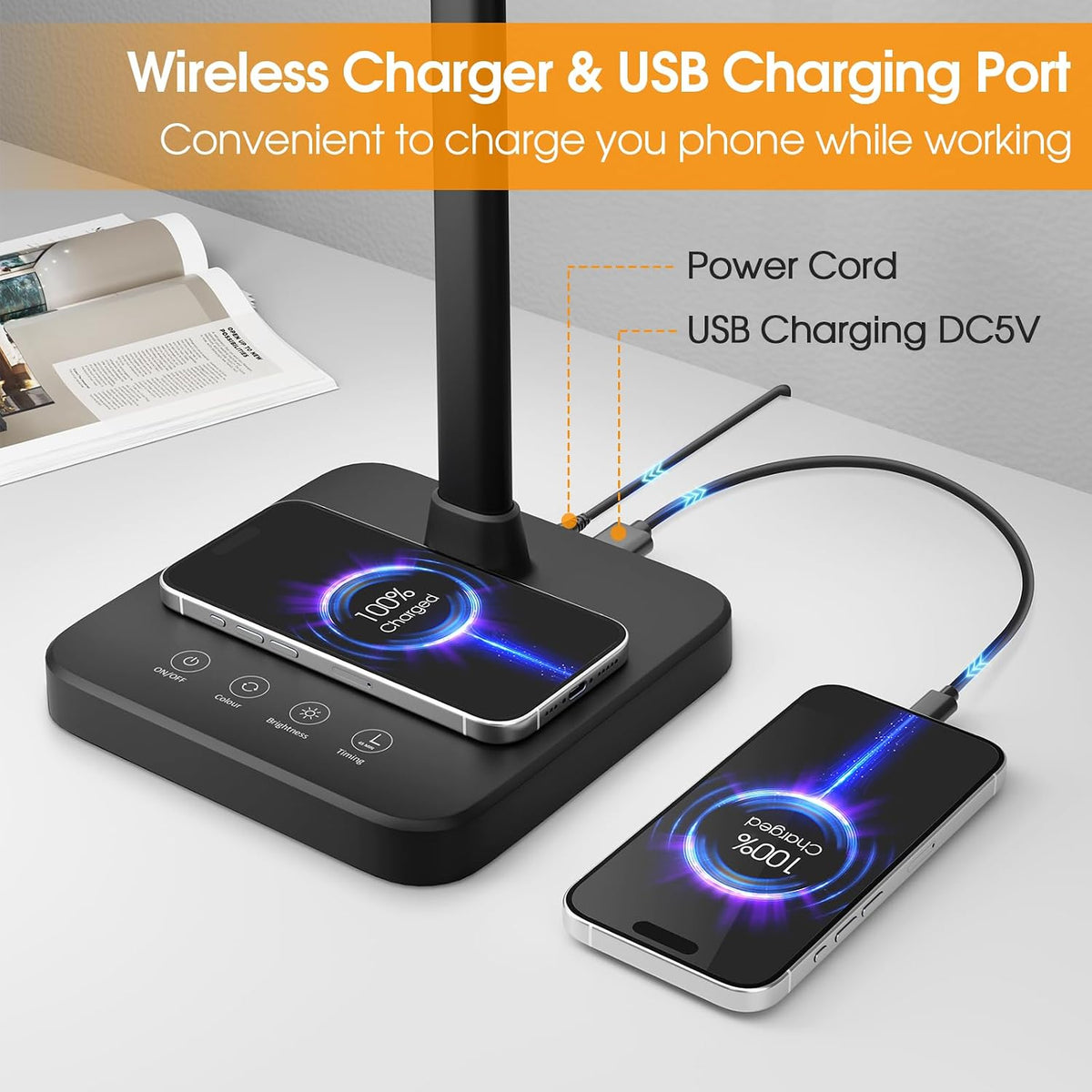 ShineTech LED Desk Lamp, 24W Double Head Desk Light with Wireless Charging