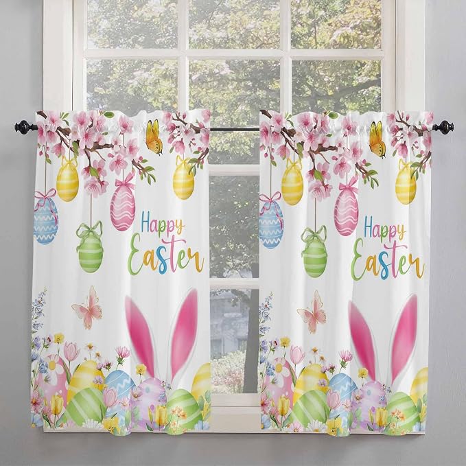 Happy Easter Kitchen Curtains 54 Inches Length, Spring Watercolor Bunny Eggs