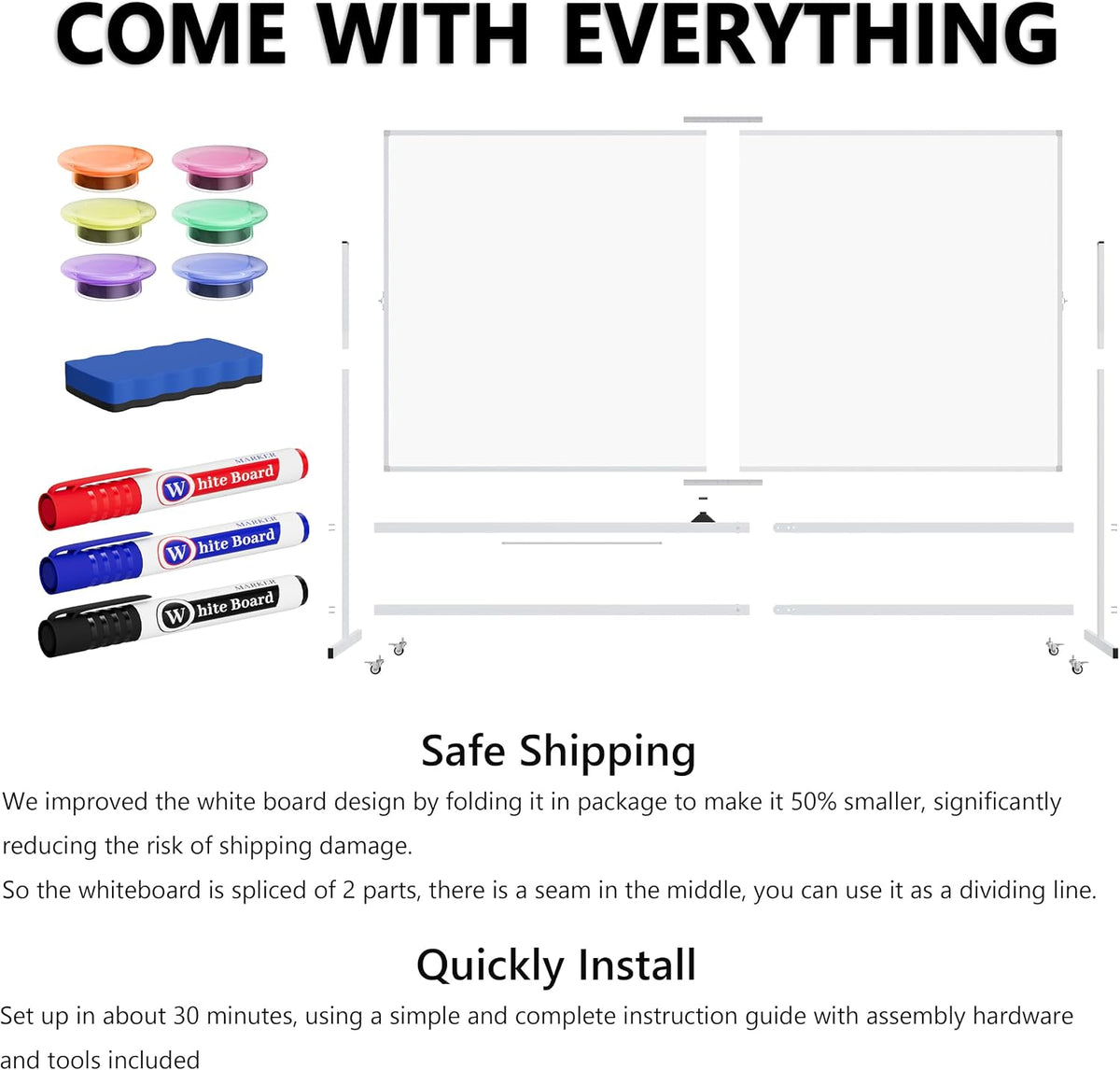Large Rolling Whiteboard on Wheels, 96" x 48" Double-Sided Mobile White Board with Stand, 6' x 3' Portable Standing Magnetic Dry Erase Board Easel for Home Office Classroom School, Silver