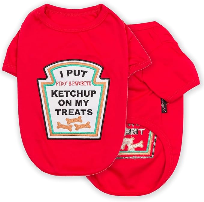 Parisian Pet Dog Shirt - Embroidered “I Put Ketchup on My Treats“ - 100% Cotton and Polyester Dog Clothes - Sleeved, Lightweight Costume for Dogs - Red Dog Shirts for Small Dogs - Pet Costumes - S