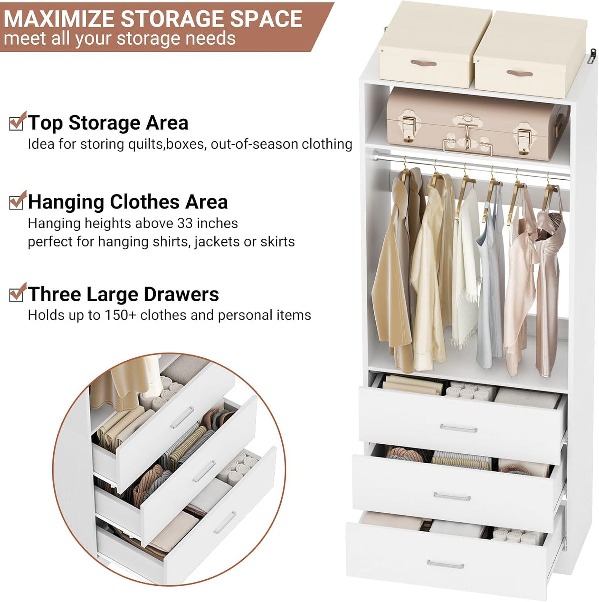 Besiost Freestanding Closet System with 3 Drawers, Wood Closet Organizer