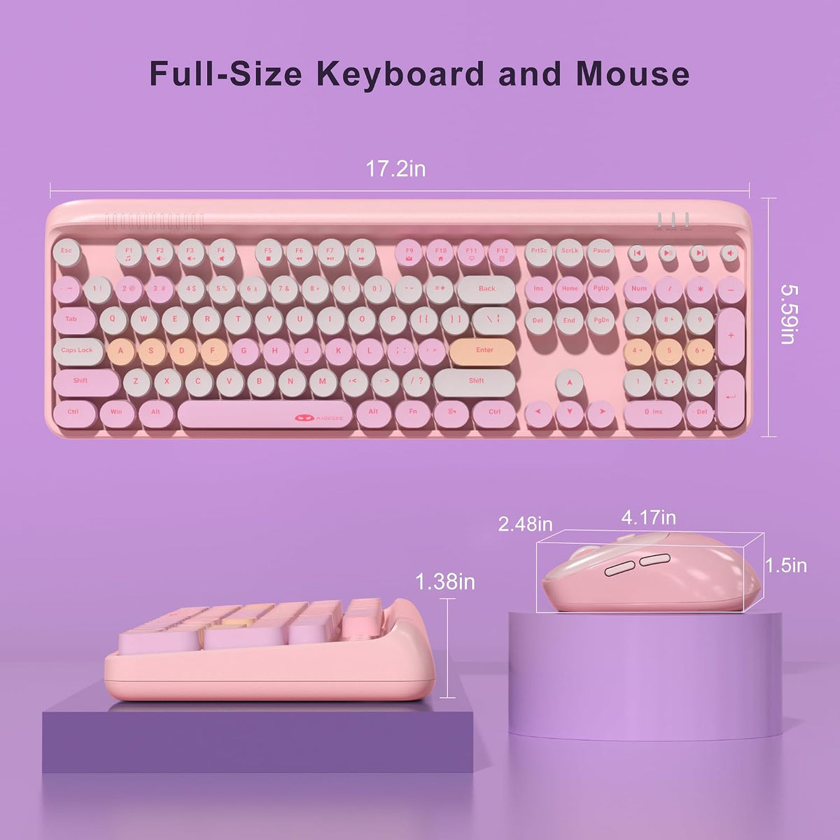 MageGee V920 Wireless Keyboard and Mouse Combo, 2.4G Full-Sized Retro Typewriter Keyboard with Round Keycaps & Auto-Sleep Mode, Cute Computer Keyboard and Cordless Optical Mouse for Laptop/PC (Pink)