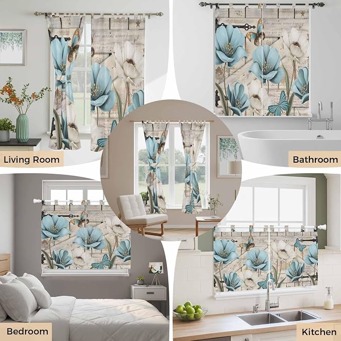 Teal Blue Tulips Bedroom Curtains 72 Inch Length, Window Curtains Tab Top