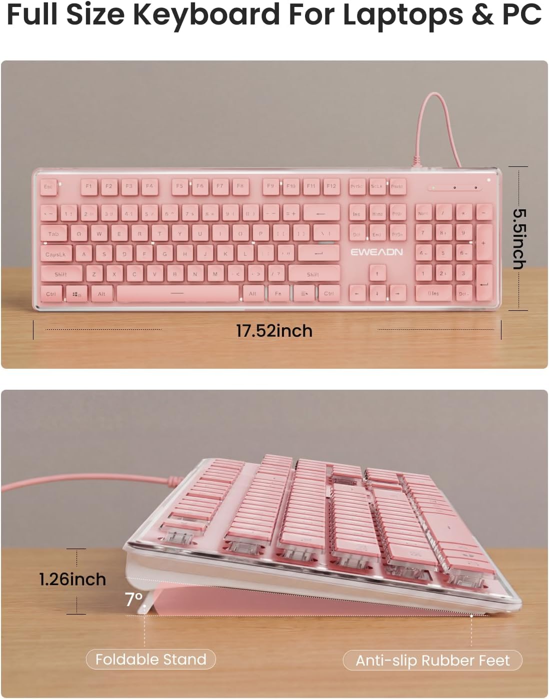 Wired Keyboard with White Backlit, Never Fade, Soft Click Typing, Pink