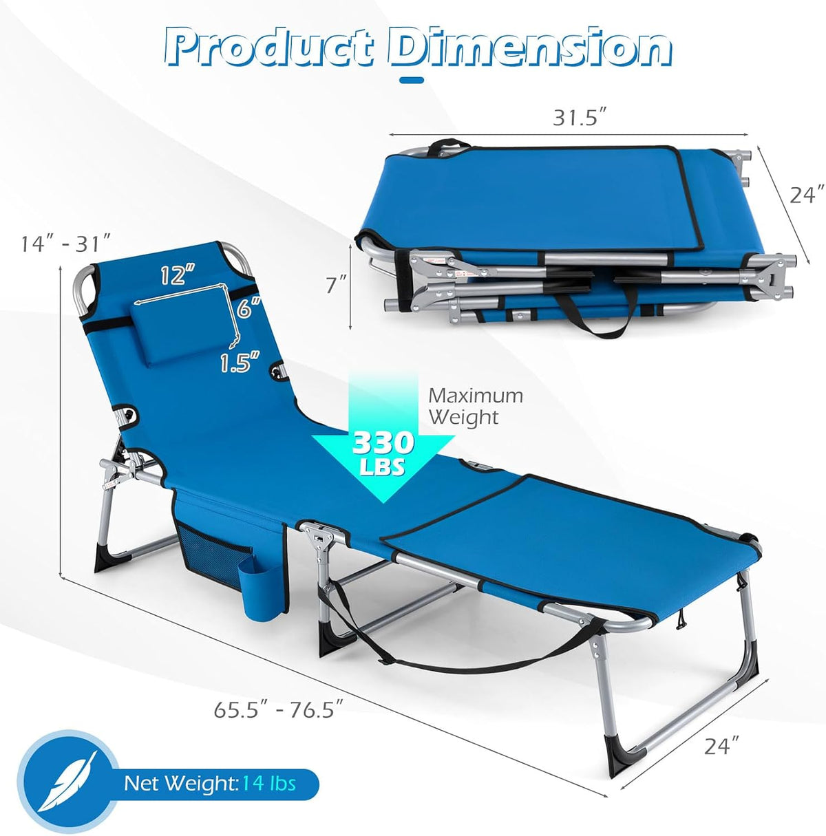 GYMAX Tanning Chair, 3 in 1 Sun Bathing Lounge Chairs with Face/Arm Holes & Side Pocket, Portable Lightweight Face Down Layout Tanning Chair for Outside, Beach, Backyard, Poolside (2, Blue)