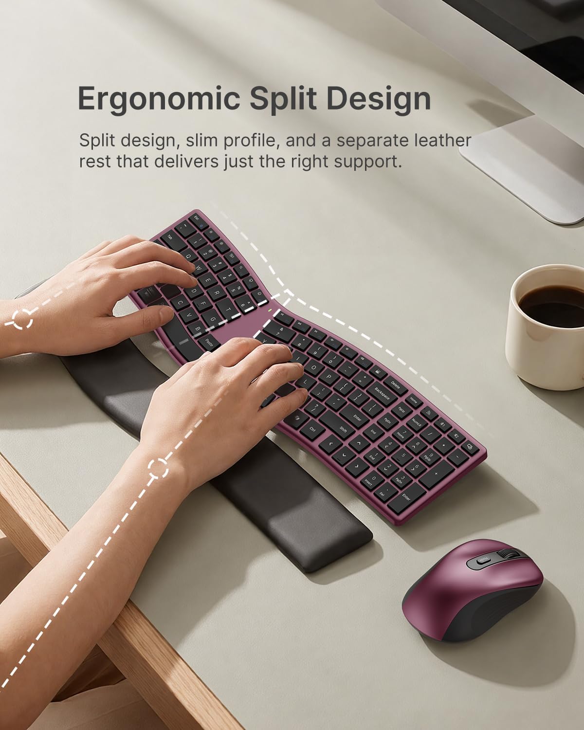 MEETION Slim Ergonomic Keyboard and Mouse with Separate Wrist Rest, Red