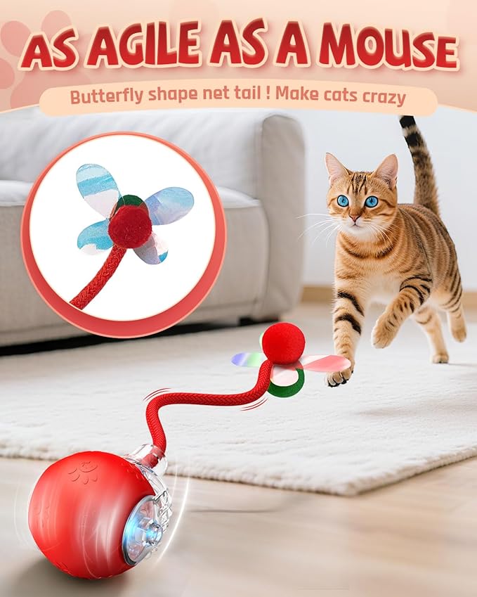 Interactive Cat Toys for Indoor Cats, 2025 Upgraded 360° Anti-chew Safe Material Moving Cat Ball with Tail, Interactive Cat Toys for Bored Indoor Adult Cats to Keep Them Busy (Red, 2.2in)
