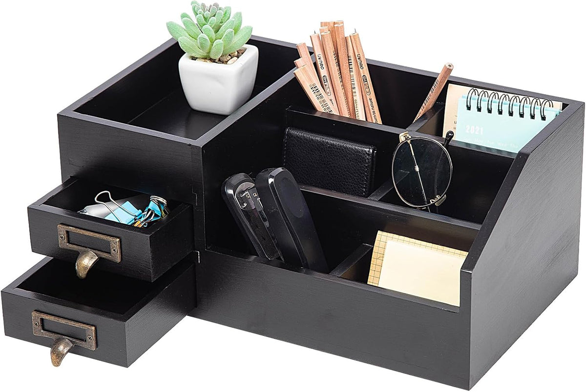 Distressed Rustic Wooden Office Desktop Organizer Wood Shelf Tabletop Home Organizer Storage with Multiple Compartments 2 Tier Drawers,perfect Jewelry storage Display Box for Desk, Vanity (Black)