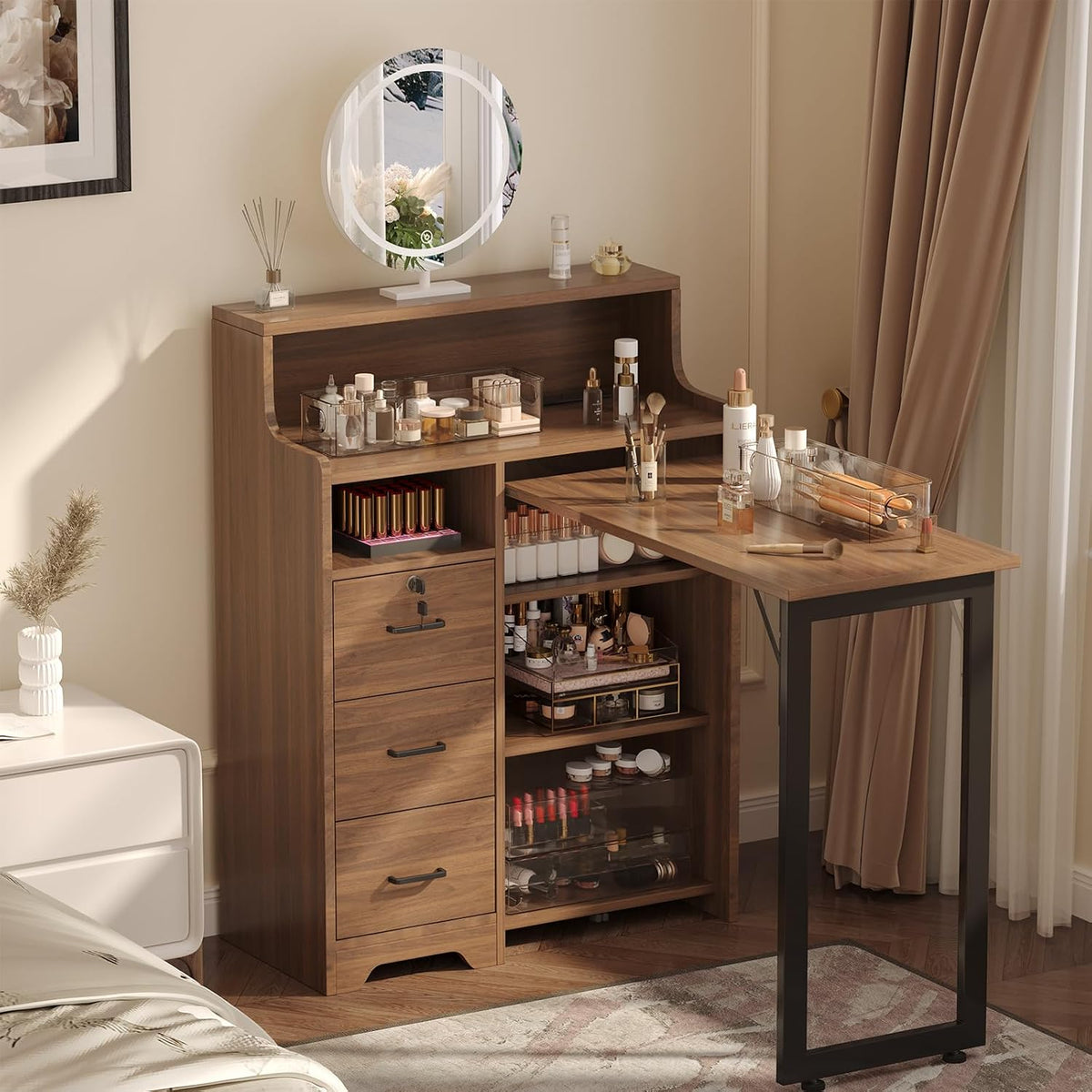 Foldable Nail Desk for Nail Tech, Portable Manicure Table, L Shape Nail Table with Power Outlets & Lockable Drawer & Shelves, Professional Nail Tech Workstation for Home Salon (Walnut)
