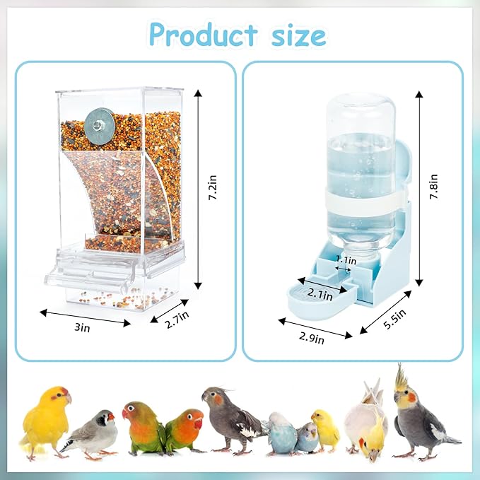 Rypet No Mess Bird Water Feeder Dispenser Set Automatic Bird Feeder Transparent Food Container Cage Acrylic Parrot Feeders Accessories for Small Birds Parrot Cockatoo Canary