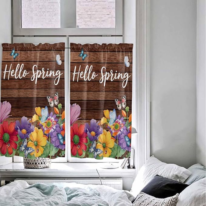 Spring Flowers Kitchen Curtains 45 Inches length, Watercolor Farmhouse Colorful