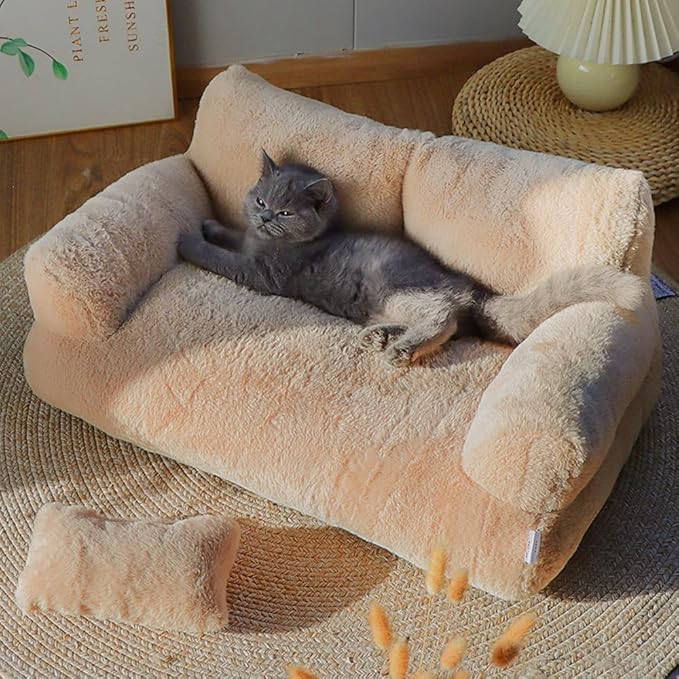 Soft Fluffy Self-Warming Cat Bed | Washable Pet Sofa for Indoor Cats & Small Dogs | Cute Princess-Inspired Kitten Couch & Puppy Bed(Light Orange,21.65''*14.96''*7.09'')