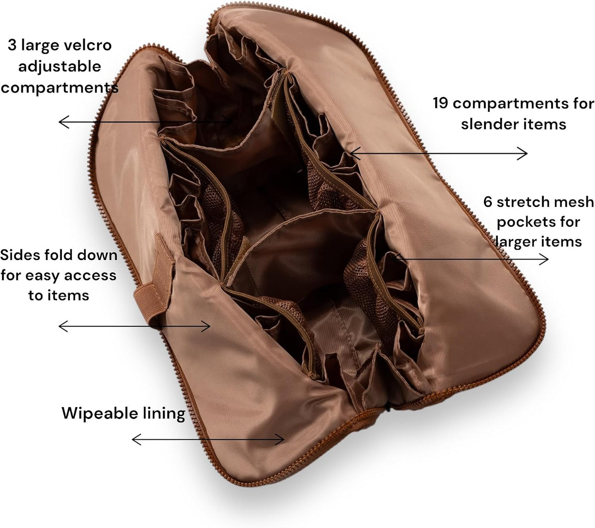 THE VERTI-Vertical Waterproof Makeup & Toiletry Bag | 23-Pocket Organizer with Upright, Fold-Down Design for Skincare, Toiletries & Essentials (Mahogany, Medium)