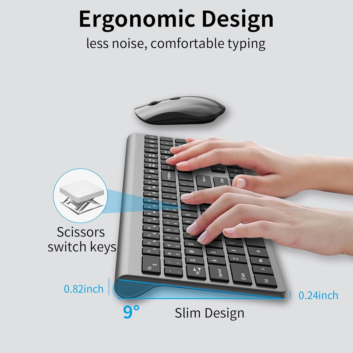 Slim Silent Full Size Wireless Keyboard Mouse Combo Space Grey