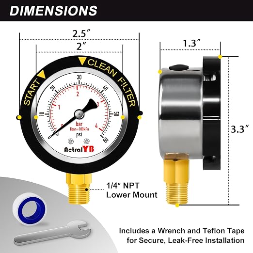 0-60PSI Pool Filter Pressure Gauge, 2 inches Dial, 1/4" NPT Bottom Mount