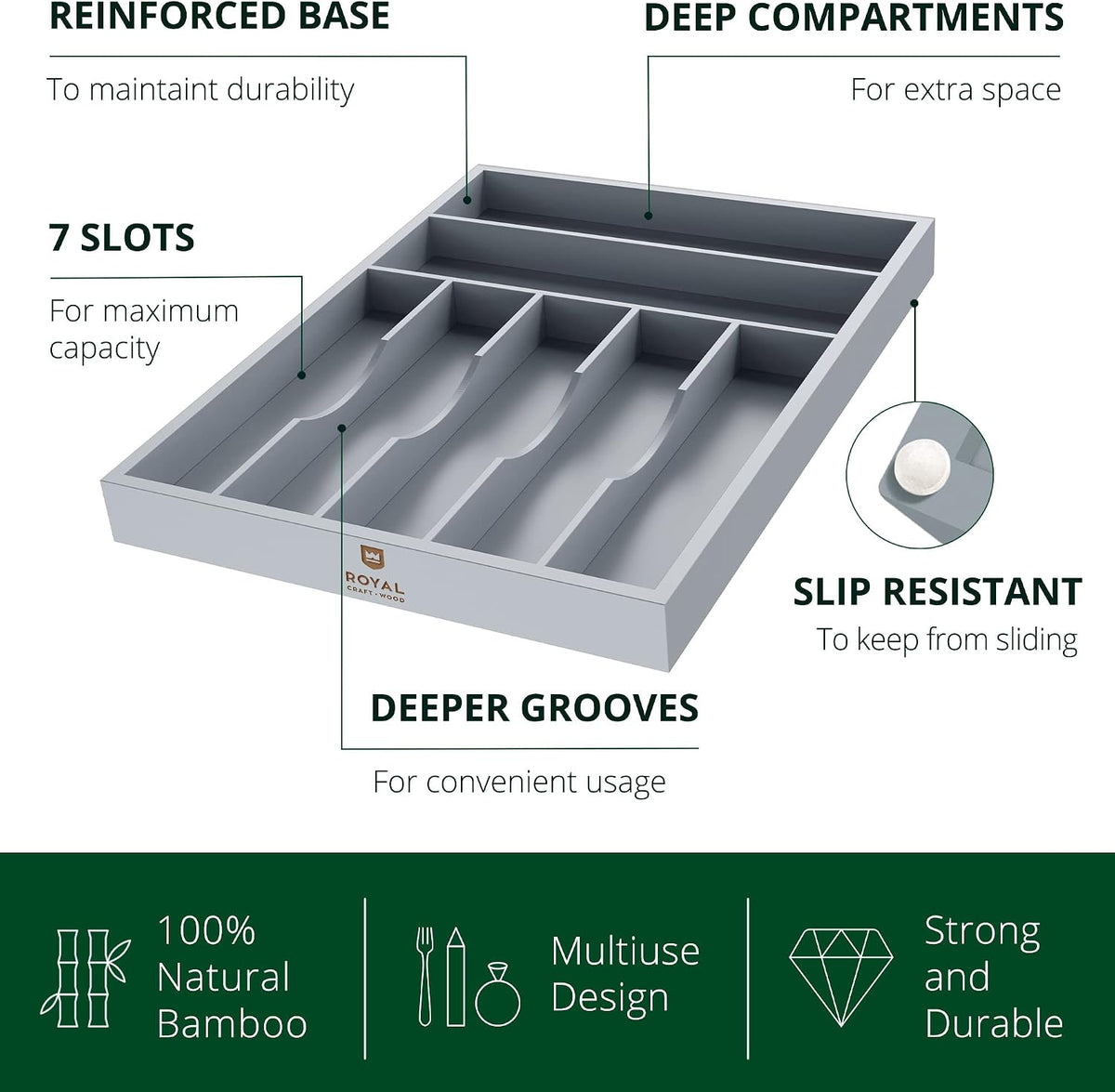 ROYAL CRAFT WOOD Luxury Bamboo Kitchen Drawer Organizer - Silverware Organizer - Utensil Holder and Cutlery Tray with Grooved Drawer Dividers for Flatware and Kitchen Utensils (7 Slot, Gray)