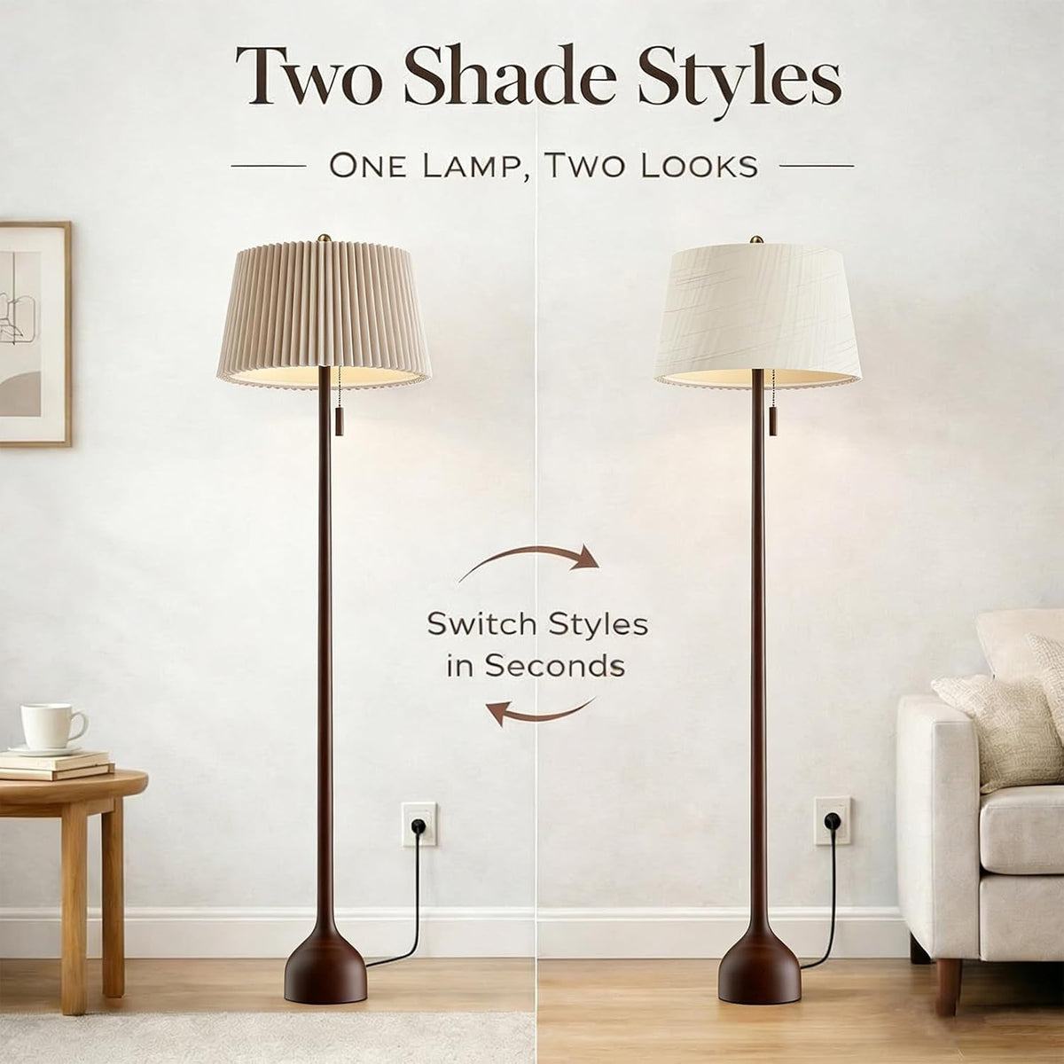 MOFFE Mid Century Modern Real Wood Floor Lamp with 2 Shades for Two Looks