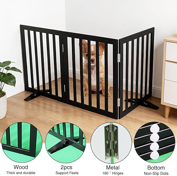 Dog Gate Indoor, Freestanding Dog Fence for The House, Doorways, Hallways,or Stairs,Pet Gate Foldable Wooden,Expandable 32" Height 3 Panels,Black