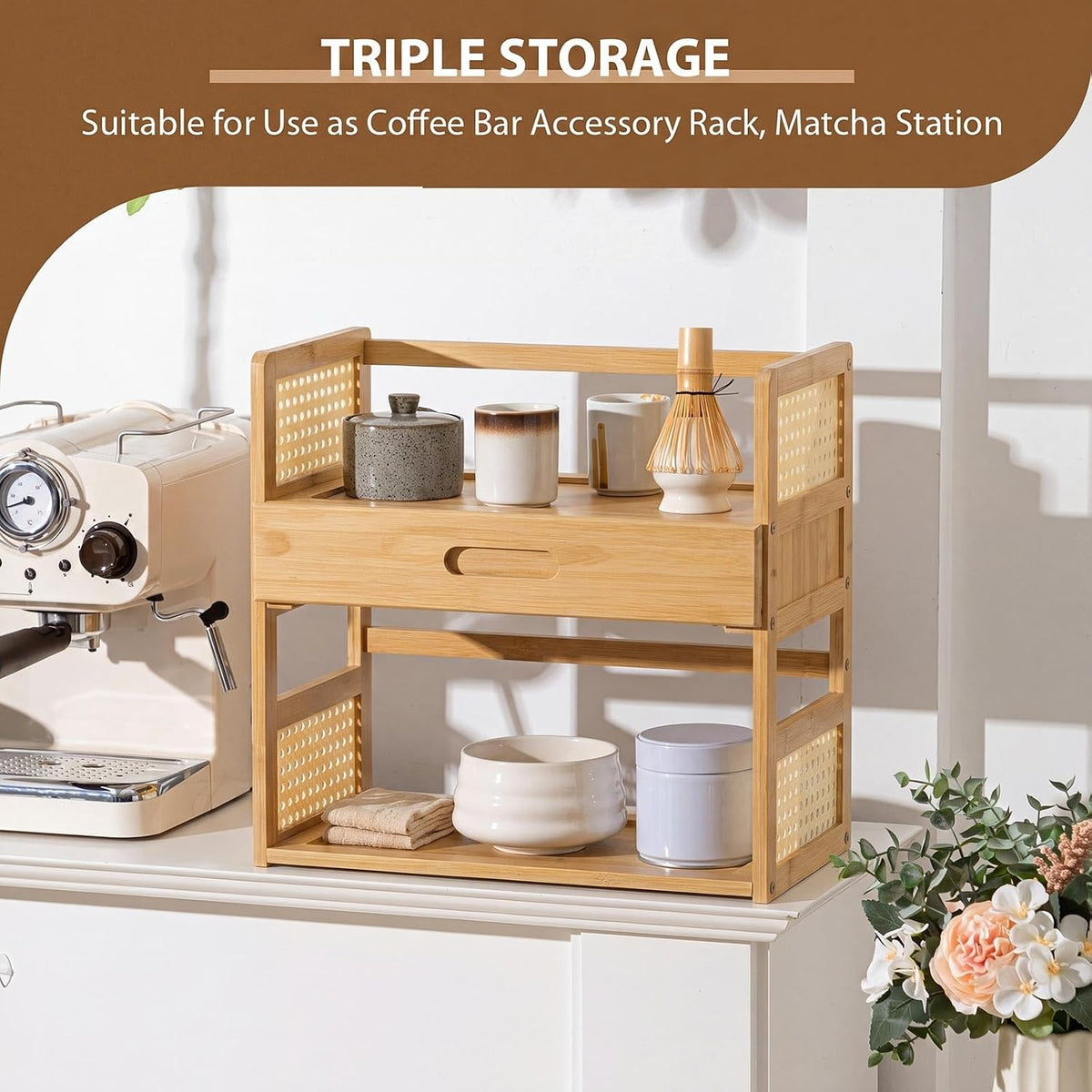 Yalikop Bamboo 2 Tier Matcha Station Organizer Coffee & Tea Station Stand