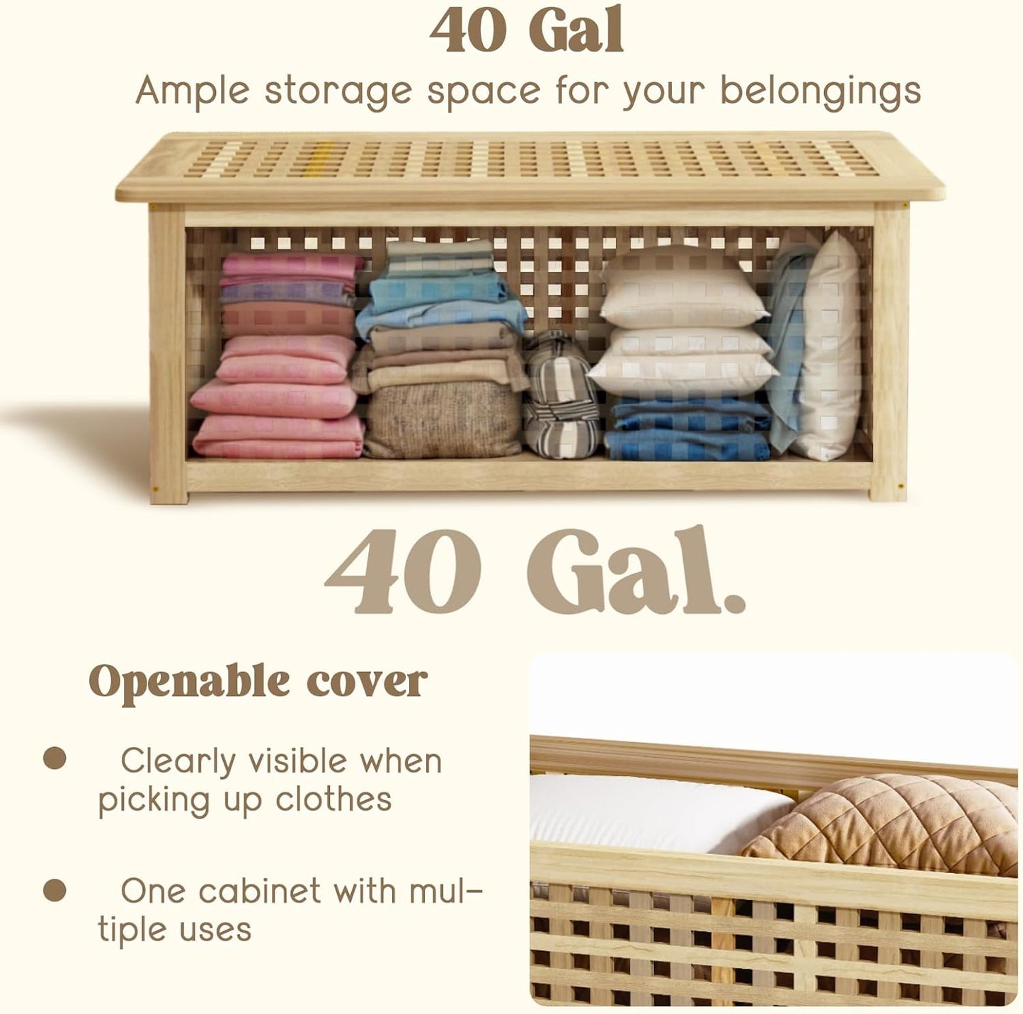 Bench with Storage, Acacia Laundry Hamper with Seat, Storage Benches with Seating for Entryway, Living Room, Bedroom, Bathroom (15.7x38.6x17.7in)