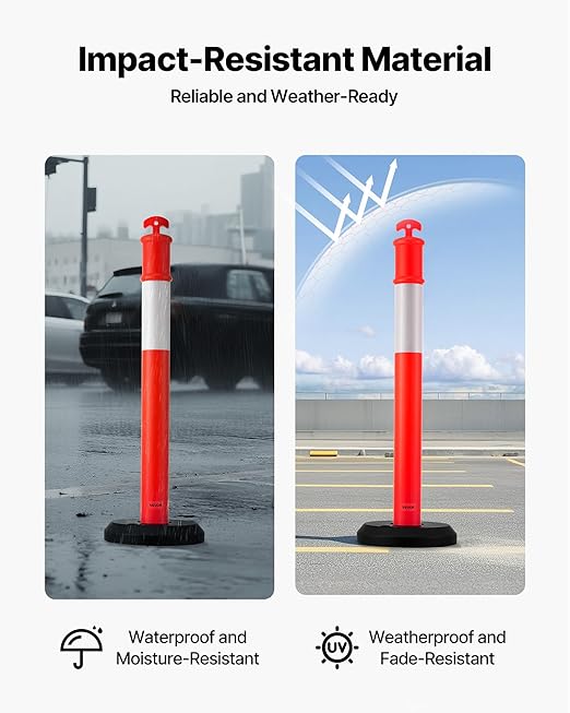 VEVOR 6 Pack Traffic Delineator Posts, 48 inches Traffic Safety Cones with Fillable Base and Reflective Strips, Heavy Duty Delineator Posts for Construction Site, Parking Lot, Crowd Control, Red